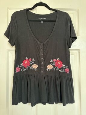 American Eagle Outfitters Black Floral Embroidered Button-Front Peplum Top